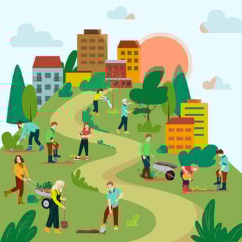 Adults and kids planting trees and bushes in the park vector illustration. Group people work together to improve the environment. Different people carrying trees, digging, watering. Flat vector