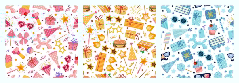 Birthday party seamless vector pattern set. Festive elements - balloon, gifts, firecrackers, cake, whistle, funny caps, sparkler. Joy surprise for a kid, baby. Event celebration, holiday backgrounds