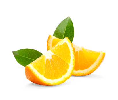 Fresh orange slice with orange leaves on desk, healthy and juicy organic tropical delight, PNG transparency with shadow