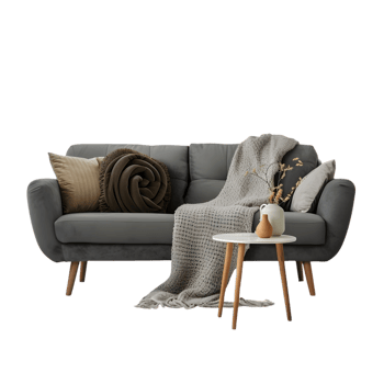 AI generated a gray sofa with a blanket and pillows on it png