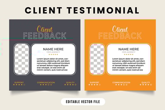 Client testimonial design with dark gray and yellow colors. customer feedback review or testimonial layout template for websites business. client testimonials vector with photo placeholder.