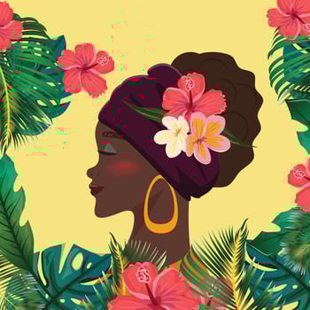 Beautiful Black Woman with Hibiscus and Plumeria Adorned Head-wrap vector