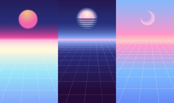 Futuristic posters set set. Retrowave, synthwave, rave, vapor wave, cyberpunk party backgrounds collection. Vector line grid landscape with sun and moon. Retro, vintage 1980s, 1990s style.