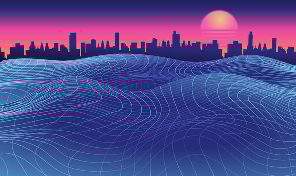 Digital retro city landscape cyber surface with sea waves grid. Retro cover template sunset, skyscrapers. Retro background futuristic landscape 1980s style at sea. vector