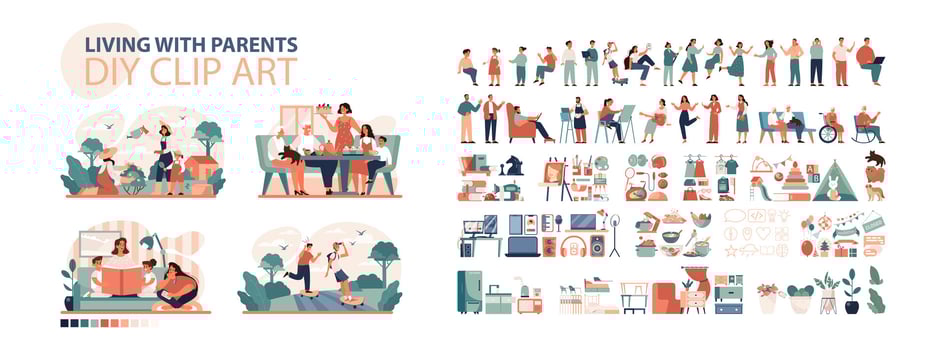 DIY Clip Art Set. Living with Parents Concept. Multigenerational family activities. vector