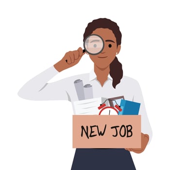 Young woman using magnifying glasses looking for a new job opportunity vector