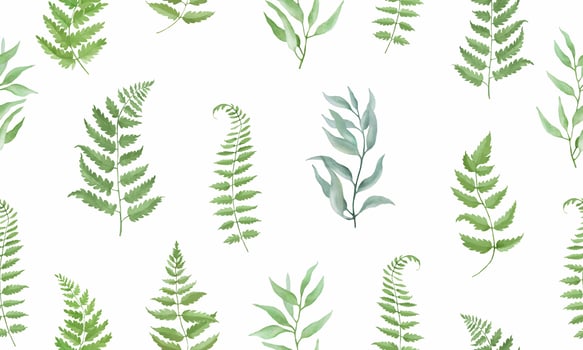 Seamless watercolor pattern with fern, eucalypt. Hand drawn illustration isolated on white background. Vector EPS.
