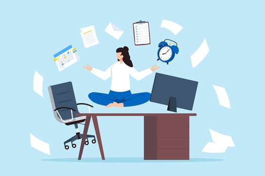 Businesswoman meditates at her office desk with work stuff and papers flying, illustrating employee wellbeing and comfortable workspace. Concept of relaxation, and balance in workplace vector
