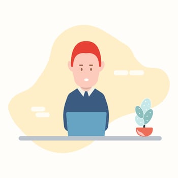 Man at desktop working with laptop Corporate worker Freelancer or office worker. Vector illustration in simple concept flat style