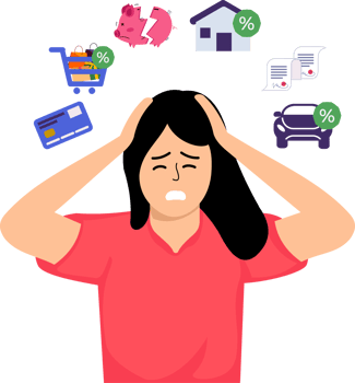 flat design cartoon woman who is dizzy with various bills png