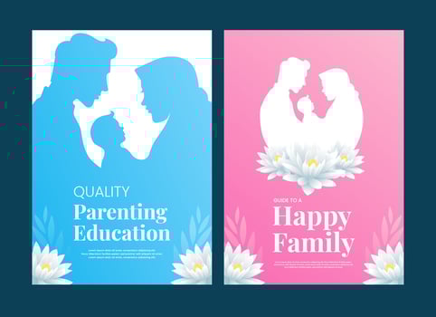 Beautiful pink and blue minimalist poster and cover about parenting and happy family in a4 size vector