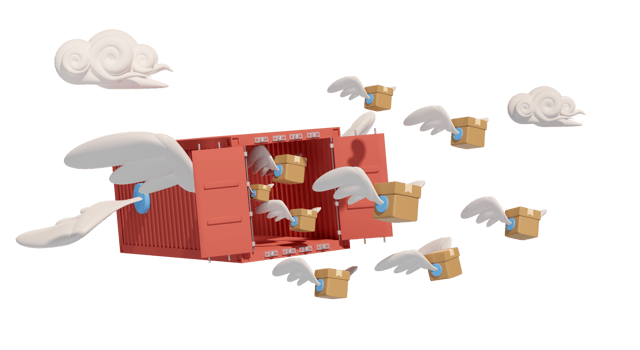 shipping container fly with goods cardboard box, wing isolated. express delivery route, worldwide shipping concept, 3d illustration render png