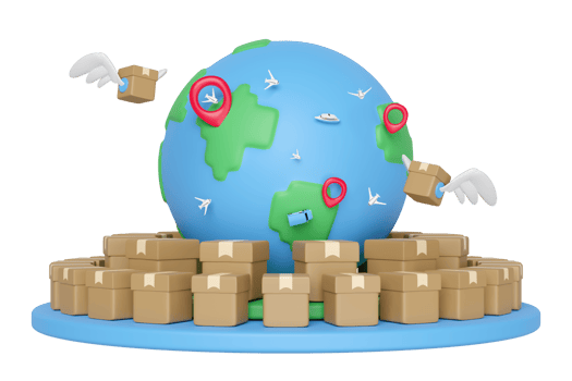 3d goods cardboard box with wing, globe on podium, pin isolated. express delivery route, worldwide shipping concept, 3d illustration render png