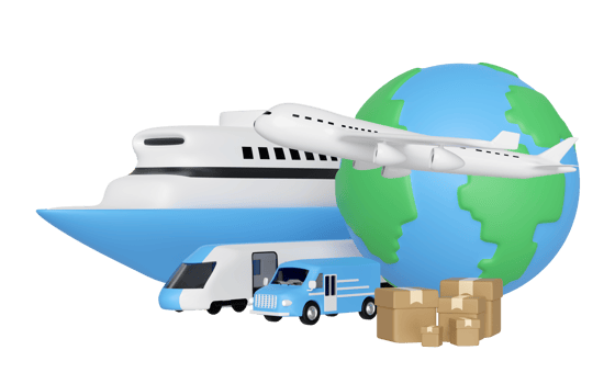 Worldwide shipping concept with  globe, airplane, van, boat, goods box isolated. 3d render illustration png