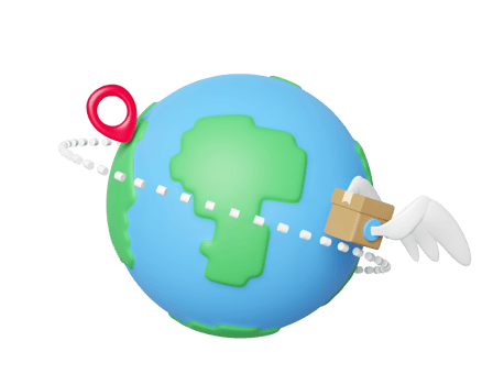 3d goods cardboard box with wing, globe, pin isolated. express delivery route, worldwide shipping concept, 3d illustration render png