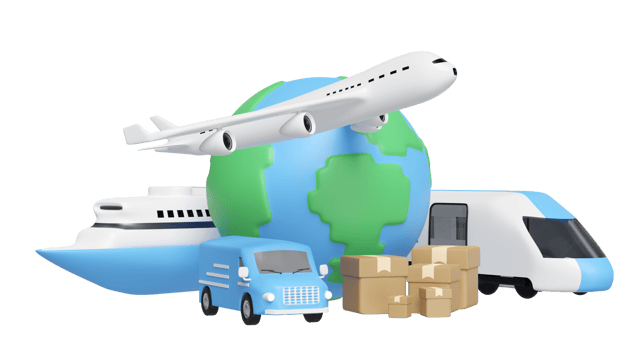 Worldwide shipping concept with  globe, airplane, van, boat, goods box isolated. 3d render illustration png