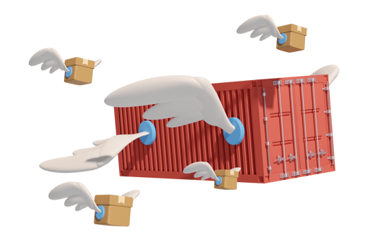 shipping container fly with goods cardboard box, wing isolated. express delivery route, worldwide shipping concept, 3d illustration render png