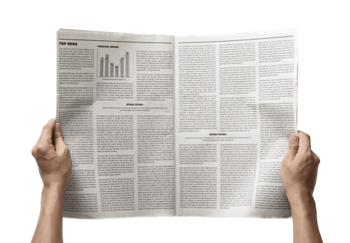 Hands holding the Business Newspaper isolated, Daily Newspaper mock-up concept, PNG transparency with shadow