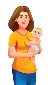 Mother holding her baby son in arms. Vector cartoon illustration