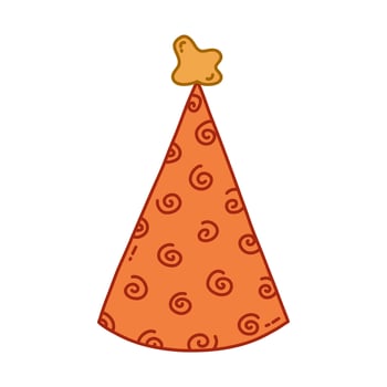 Birthday party hat in bright color with pompon above. Party cone and Christmas cap with cute decoration. Simple vector colorful doodle with hand drawn outline isolated on white background