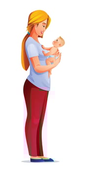 Mother holding baby son in arms. Vector cartoon illustration