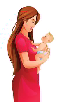 Happy mother holding her baby son in arms. Vector cartoon illustration