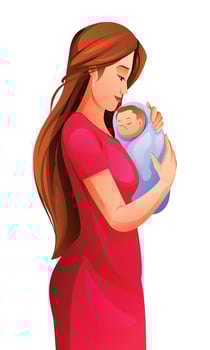 Mother holding newborn baby in arms. Vector cartoon illustration