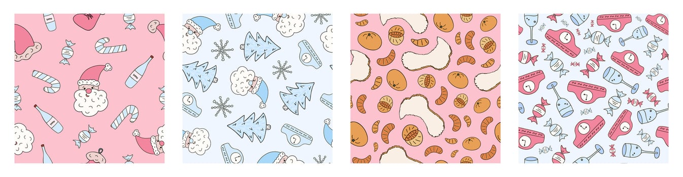 Set of simple seamless pattern with Christmas doodles. Cute print with hand drawn winter clipart. Cute wallpaper print for fabric design with symbols of Christmas and New Year. Creative background. vector