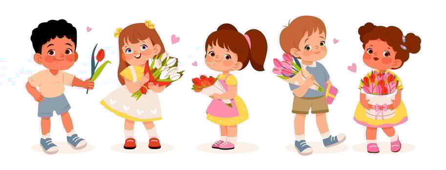 Cute preschool children with bouquets of flowers. Flat vector illustration for Women's Day or Mother's Day