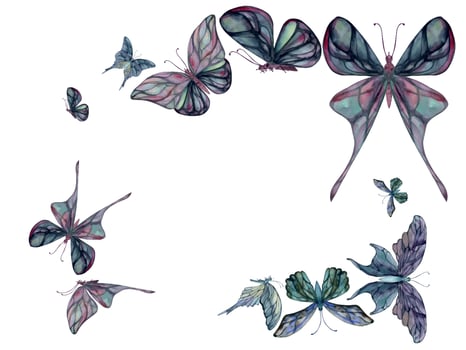 Hand drawn watercolor illustration butterfly fairy wings gem crystal insect moth. Tourmaline pearl labradorite opal. Horizontal frame isolated on white background. Design print shop, wedding, birthday vector