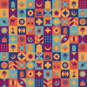 Geometric style colorful Islamic Ramadan Kareem banner, poster design, pattern and geometrical background. Mosque, moon, dome and lanterns. Minimalistic illustrations vector