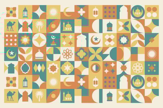 Geometric style colorful Islamic Ramadan Kareem banner, poster design, pattern and geometrical background. Mosque, moon, dome and lanterns. Minimalistic illustrations vector