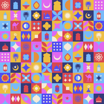 Geometric style colorful Islamic Ramadan Kareem banner, poster design, pattern and geometrical background. Mosque, moon, dome and lanterns. Minimalistic illustrations vector