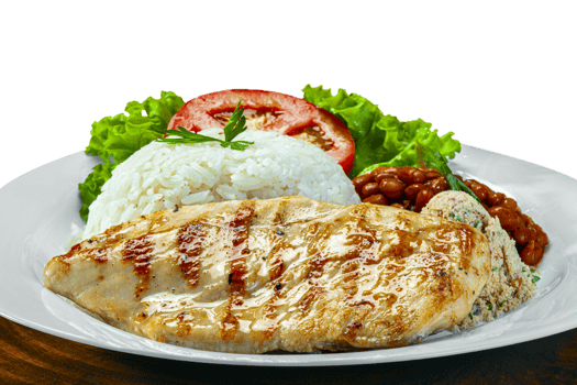 Rice beans grilled chicken steak salad, farofa png