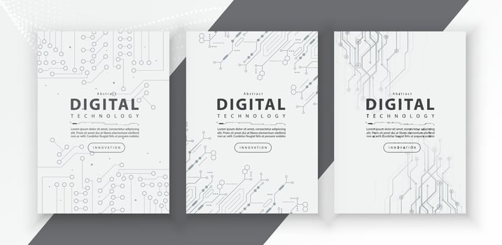 Poster brochure cover banner presentation layout template, technology digital futuristic internet network connection white background, abstract cyber future tech communication, Ai big data science 3d vector