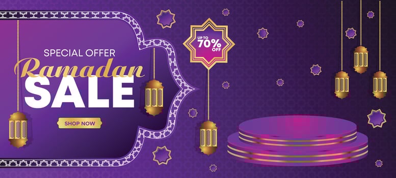 Ramadan Kareem Super Sale Web Banner Background with Podium for Display of product. Ramadan Big Sale Promotion Poster and Social Media Post. Islamic Special Offer Promotion Banner Design Template vector