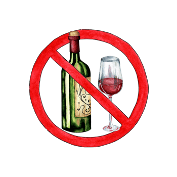 Watercolor illustration of a bottle and glass in a crossed out red circle. Prohibition of alcohol consumption. Isolated. Composition for design, banner, web, poster. png