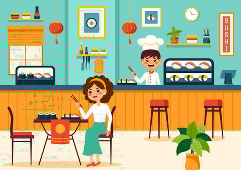 Sushi Bar Vector Illustration of Japan Asian Food or Restaurant of Sashimi and Rice for Eating with Soy Sauce and Wasabi in Flat Cartoon Background