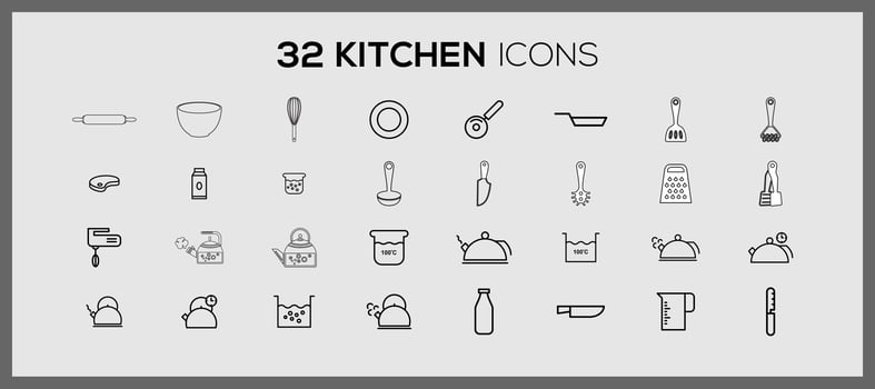 Different kitchen icons. Cute kitchen utensils doodle sticker set. Cooking doodle icons kitchen utensils line food restaurant logo. vector