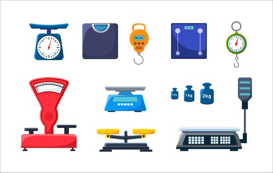 Store electronic and mechanical scales for weight measuring. Market or kitchen measuring instrument. Vector illustration