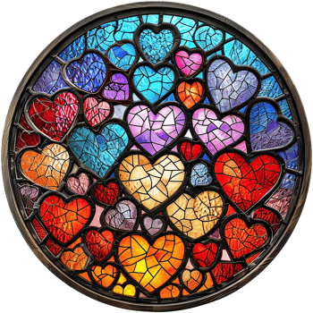 A circular stained glass window with many hearts png