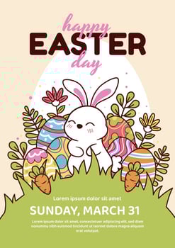 Happy easter vector template with colorful eggs, bunny, and flowers