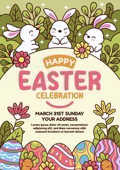 Happy easter vector template with colorful eggs, bunny, and flowers