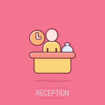 Check in reception icon in comic style. Booking service cartoon vector illustration on isolated background. Hotel reservation splash effect business concept.