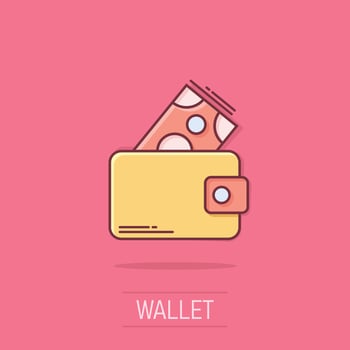 Wallet icon in comic style. Purse vector cartoon illustration on isolated background. Finance bag splash effect business concept.