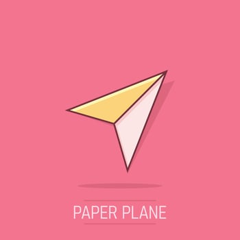 Paper plane icon in comic style. Sent message cartoon vector illustration on isolated background. Air sms splash effect business concept.