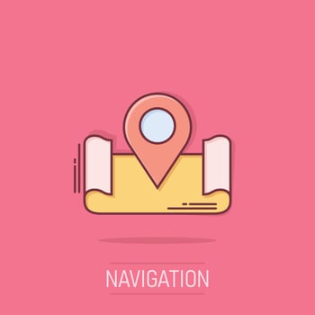 Map pin icon in comic style. GPS navigation cartoon vector illustration on isolated background. Locate position splash effect business concept.