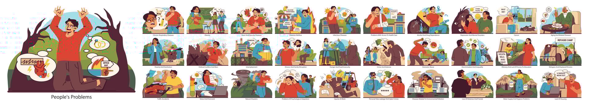 Societal issues set. Flat vector illustration.
