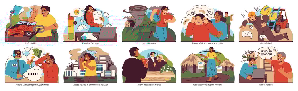 Social issues set. Flat vector illustration.