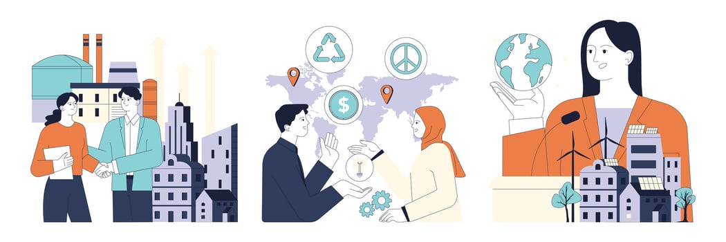 Political action set. Diverse people involved in global education, economic vector
